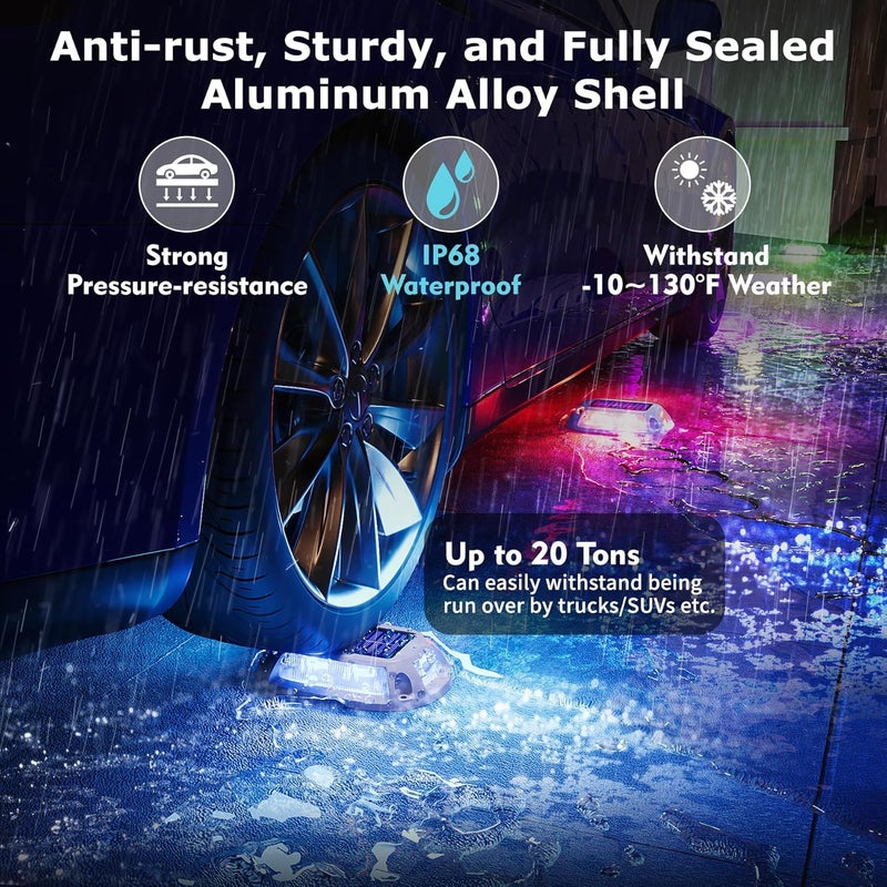 VIODAIM 4Pack Aluminum Alloy Solar Driveway Lights, IP68 Solar Deck Light Marine Dock Lights Outdoor Waterproof, Multi-color LED Driveway Markers for Walkway, Path Decor [12Modes - Strobe/RGB/Fix-color] - Image 3